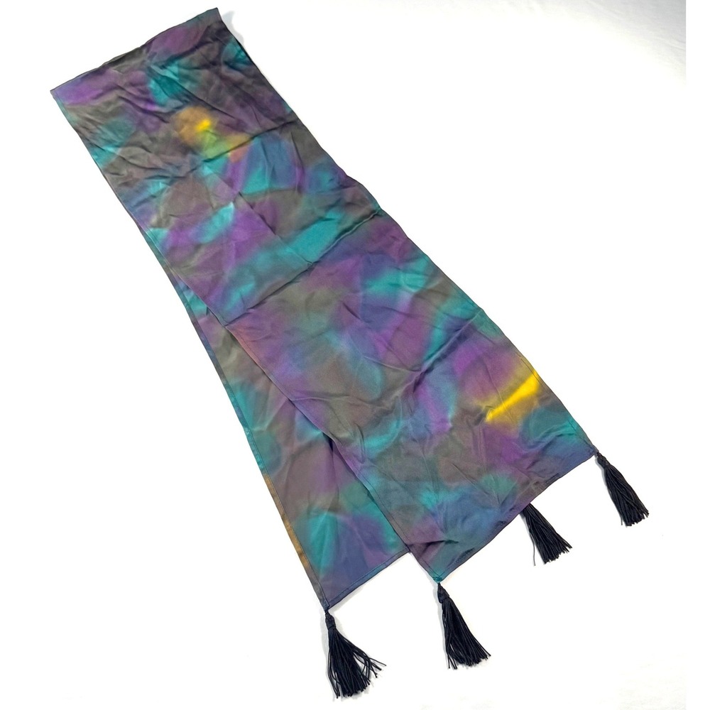 Cynthia Espy 100% Silk Scarf Abstract Watercolor Print Tassel Trim Teal Purple